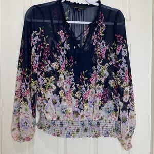 WHBM Navy Blue Floral V Neck Semi Sheer Long Sleeve Blouse Small